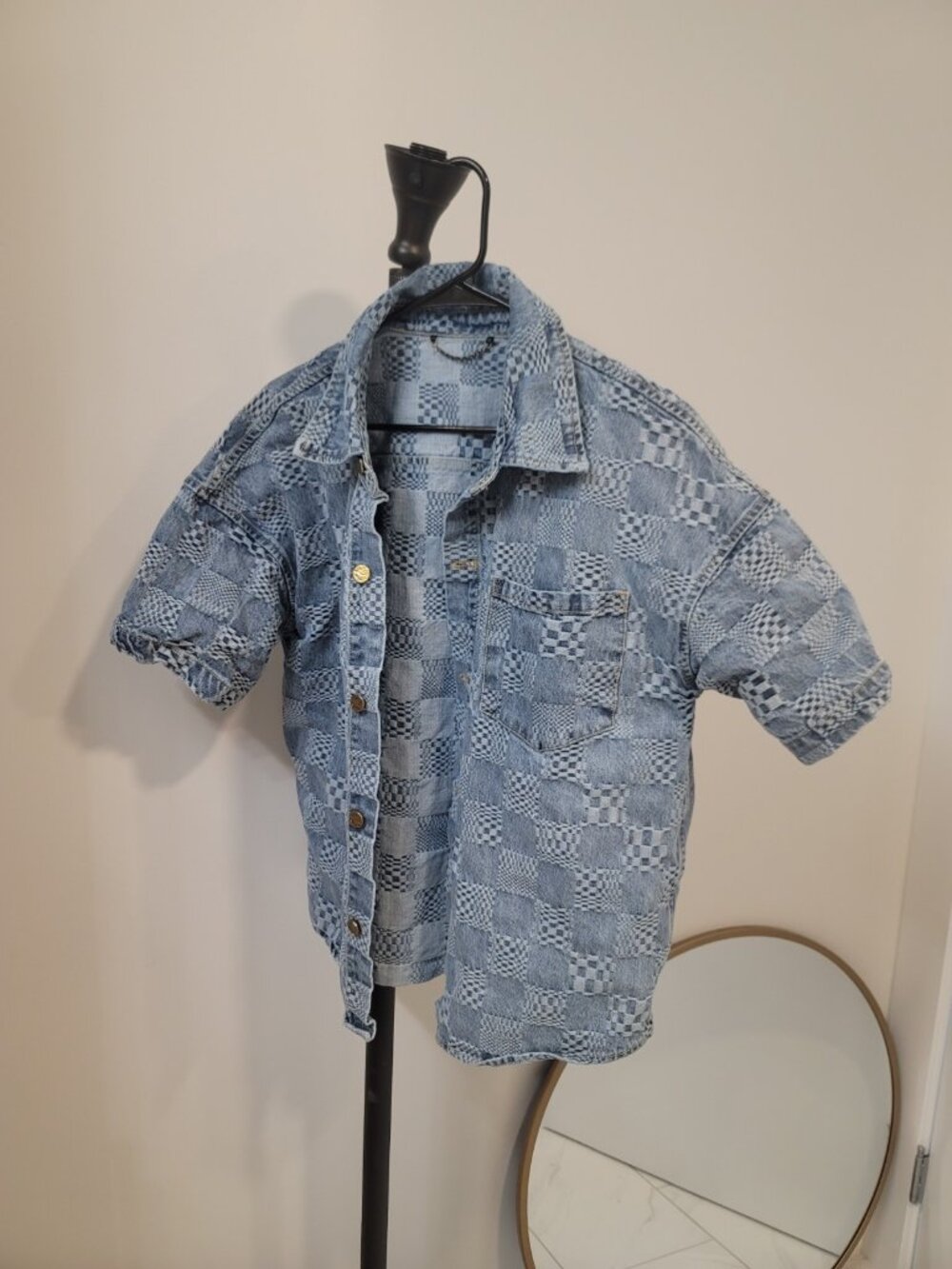 Louis Vuitton Men's 3D Denim Damier Short Sleeve Button-Up Shirt (IT 36) - Picture 1 of 12